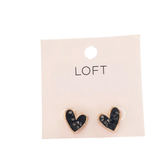 NWT LOFT Black Druzy Gold Tone Small Heart Stud Earrings NEW - Picture 1 of 5